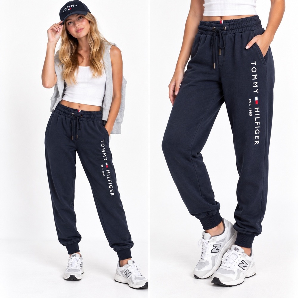 Tommy Hilfiger Logo Joggers Sweatpants Womens S Navy Blue Athleisure Streetwear